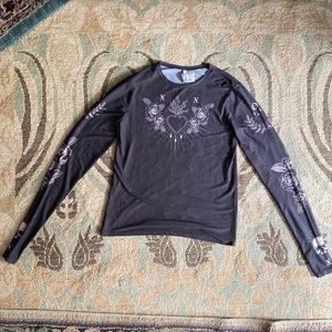 Divided Semi Sheer Skull Roses Sacred Heart Long Sleeve Shirt Grey Pinkish White